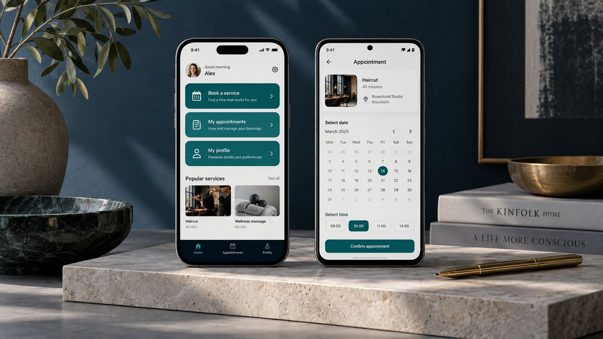 Två mobiler som visar en bokningsapp med tjänstelista och kalender