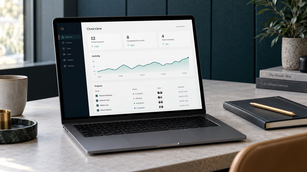 Laptop som visar en SaaS-dashboard med nyckeltal och projektlista