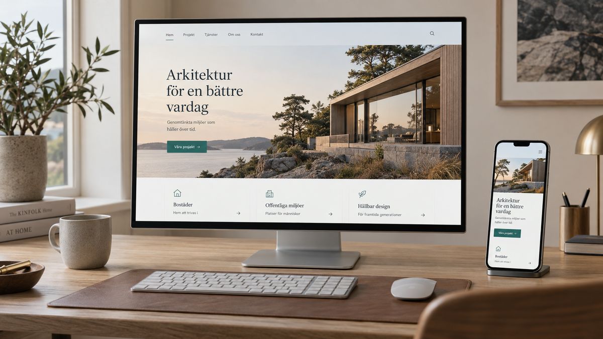 Skärm och mobil som visar samma webbplats i responsiv layout